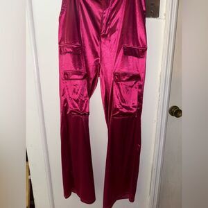 Shiny Pink Satin Cargo Pants Wide Leg Y2K Metallic Fuchsia Festival 2XL